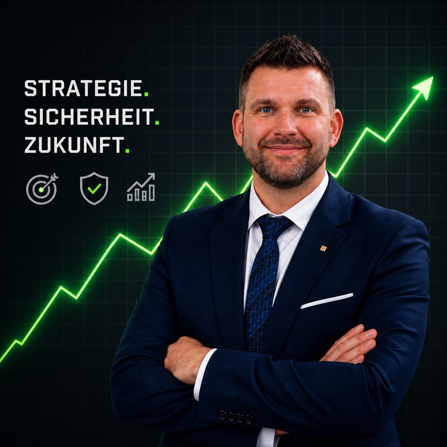 Jochen Winter, Finanzberater, mit verschränkten Armen vor einer aufsteigenden Kurve und dem Schriftzug „Strategie. Sicherheit. Zukunft.“ — KI-modifiziertes Bild